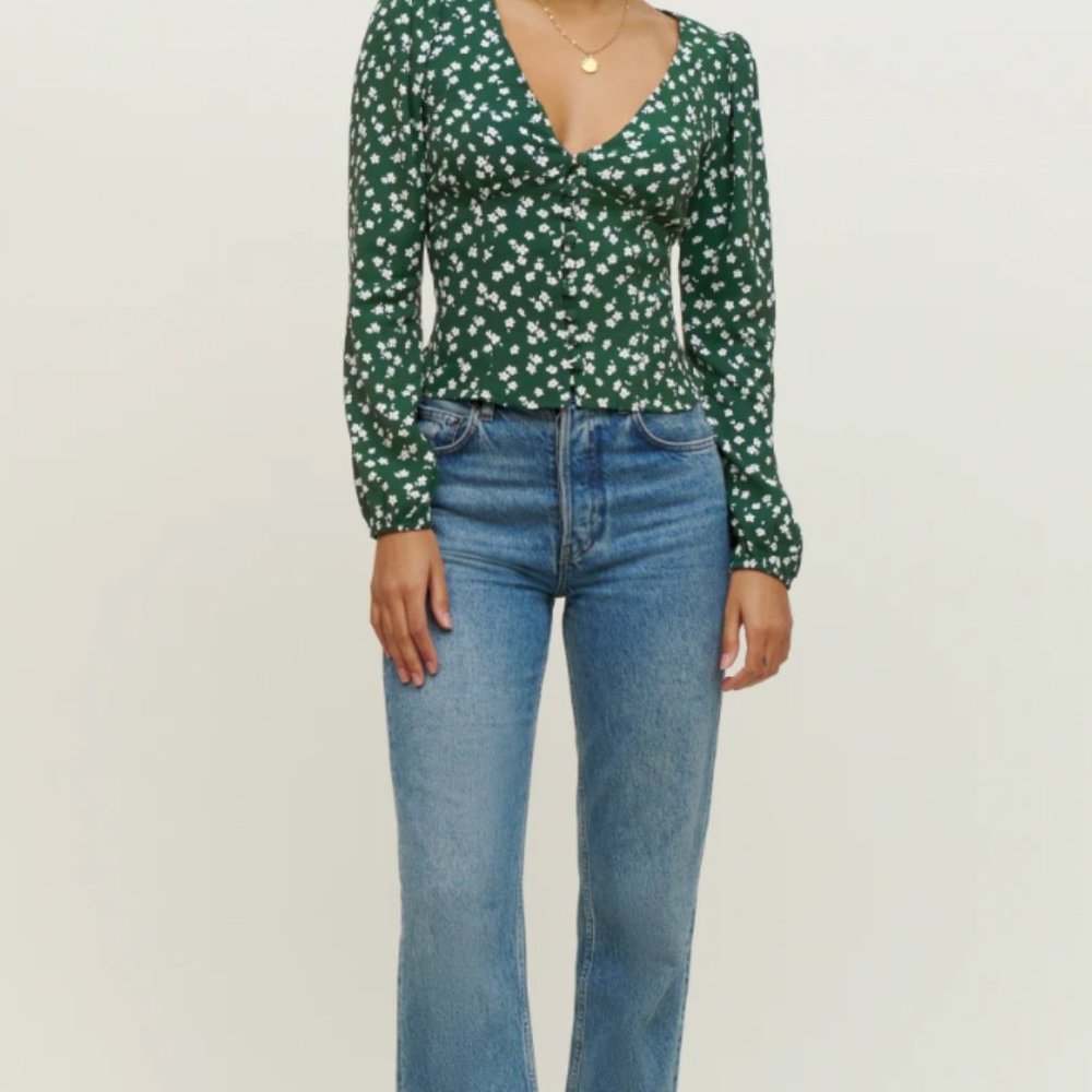 Reformation Blouse Green Floral Size S